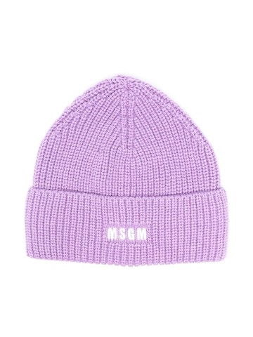 MSGM Kids - embroidered-logo ribbed beanie - kids - Acrylic/Virgin Wool - One Size - Purple