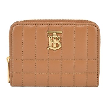 BURBERRY Lola TB金字LOGO格紋絎縫羔羊拉鍊零錢包(楓木棕)