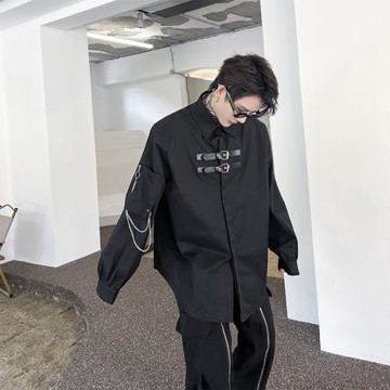 暗黑系雙皮帶扣拼接襯衫男長袖設計感金屬鏈裝飾袖發型師痞帥上衣