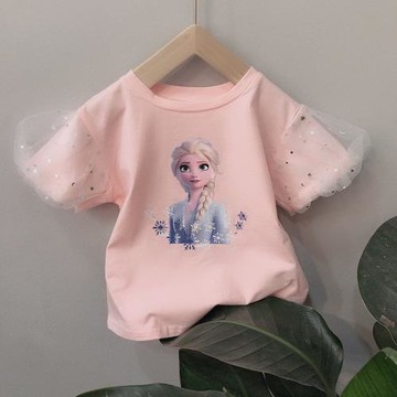 冰雪奇緣童裝女童夏季T恤2023夏裝新款愛莎公主風泡泡袖短袖體恤