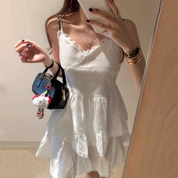 韓國chic夏季溫柔氣質V領高腰顯瘦拼接蕾絲花邊蛋糕裙吊帶連衣裙