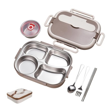 Cooksy 304不鏽鋼多格保溫便當盒/防漏密封手提餐盒 4格 附餐具 + 湯碗 + 保溫袋 1.5L 19 x 9 x 9cm  卡其色  1個