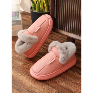 高幫棉鞋女冬季防水保暖PU皮居家室內踩屎感外穿厚底包跟棉鞋男士