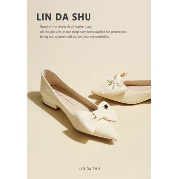 【林大叔】蝴蝶結低跟單鞋女2025新款軟皮淺口粗跟尖頭平底鞋黑色