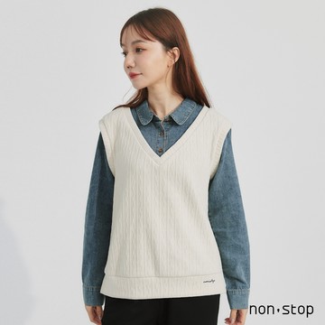 non-stop V領背心假兩件丹寧襯衫-2色