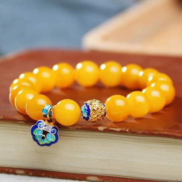 Jpqueen 古典元素蜜蠟鵝黃色串珠手鍊(黃色)