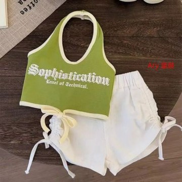 ARY 女童夏季套装 2024新款女寶寶洋气掛脖背心 兒童夏装抽绳短裤两件套 女童套裝