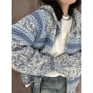 超重工！慵懶風花色粗線連帽毛衣開衫女春裝新款寬松加厚拉鏈針織