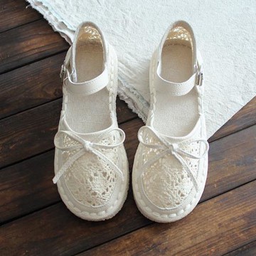 森女甜美蝴蝶結平底透氣網鞋蕾絲