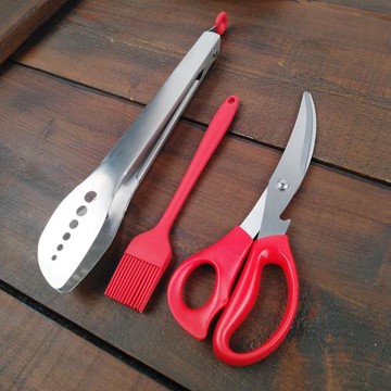 出口韓國燒烤專用3件套裝304不銹鋼食物夾烤肉夾硅膠油刷彎口剪刀