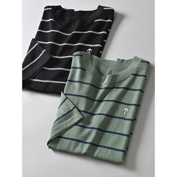 外貿原單簡約刺繡垂感針織透氣夏季男士時尚寬松圓領條紋短袖T恤