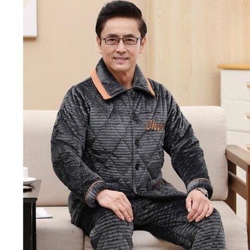 珊瑚絨夾棉睡衣男老年人爸爸冬季加厚保暖三層夾棉男式家居服套裝