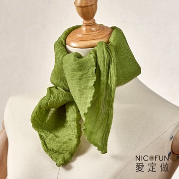 NicoFun 愛定做 魅力68 柳葉絲 領巾圍脖(四季可戴  真絲圍巾 桑蠶絲 皺褶絲巾 綠色 草綠 黃綠 頸巾