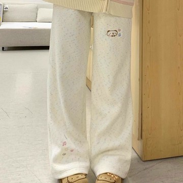 【 𝑭𝒍𝒐𝒘𝒆𝒓𝒔𝒆𝒂】日系軟妹 刺繡小熊塗鴉點點燈芯絨褲 保暖闊腿褲 加絨 寬鬆 學生長褲 女褲