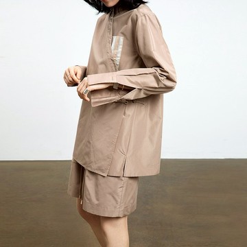 肉桂色100%桑蠶絲 現代中式斜襟襯衫 盤扣 復古襯衫上衣