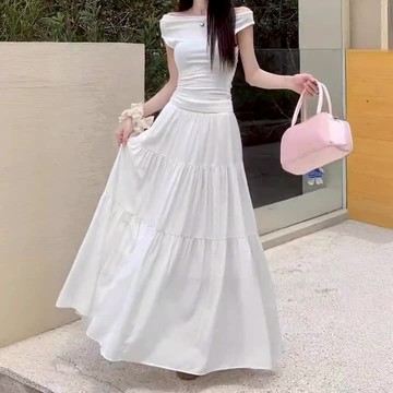 韓版裙子 白色洋裝 白色長裙 大碼胖mm蛋糕白色半身裙女 韓國傘裙 大擺傘裙皺褶 微胖中長裙子 蓬蓬蛋糕裙 女生長裙