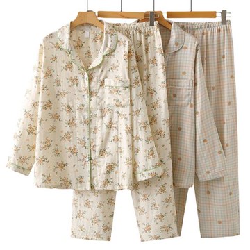 中年女士100%純棉睡衣夏季長袖全棉媽媽薄款雙層紗開衫家居服套裝