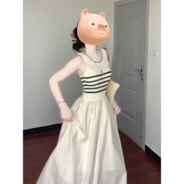 法式復古條紋針織拼接背心連衣裙女2025夏季新款氣質收腰顯瘦長裙