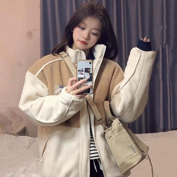 拼接羊羔毛外套女秋冬季韓版寬松學生加絨加厚百搭立領棉服ins潮