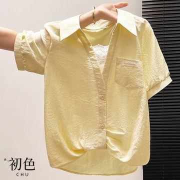 初色 法式簡約假兩件拼接蕾絲單排釦短袖翻領襯衫上衣女上衣-共2色-51455(M-2XL可選)