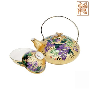 雕金彩繪紫藤美人壺套組