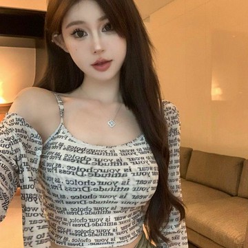 限定販售🎀秋夏裝兩件套長袖開衫薄款上衣辣妹修身顯瘦字母滿印花吊帶背心女HNJZ