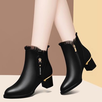 意爾康女鞋加絨短靴中跟高跟鞋女圓頭秋冬季新款皮鞋女真皮媽媽鞋