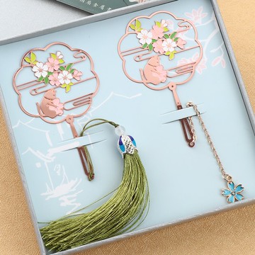 書簽中國風櫻花團扇古典小清新文創創意書簽學生用金屬刻字定制