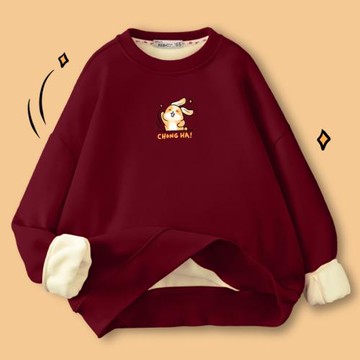 2025年新款酒紅色兔子衛衣女秋冬加絨加厚圓領外套兔年本命年衣服