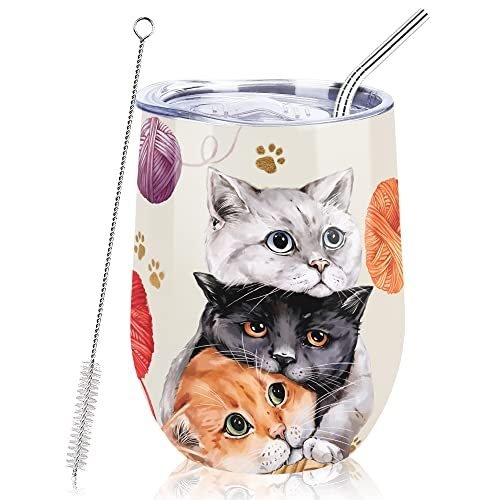 NymphFable 12oz Cat Cup Wine Tumbler With Straw and Lid Stainless Steel Tra