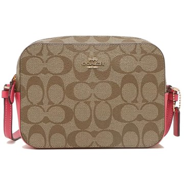 COACH - 滿版LOGO皮革斜背包 (卡桃)