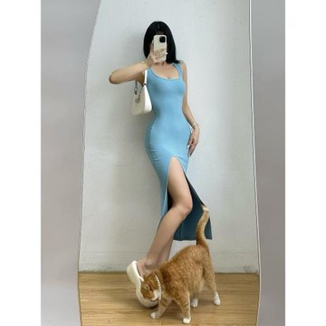 GQSTORE純欲性感大U領背心連衣裙女修身顯瘦高開叉無袖包臀長裙子
