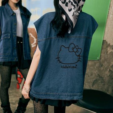 OB嚴選中大尺碼-KITTY街頭狂野純棉輪廓線刺繡寬鬆牛仔背心《IK0077》