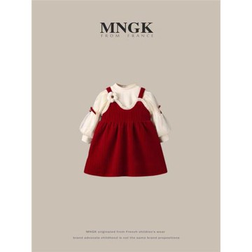 法國MNGK女童秋冬連衣裙套裝2023新款女寶寶洋氣加絨裙子秋冬童裝