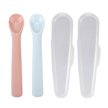 Dailylike Bonbon 幼兒矽膠湯匙組 湯匙*2支+收納盒*2個 7-12個月  草莓粉+天空藍  1組