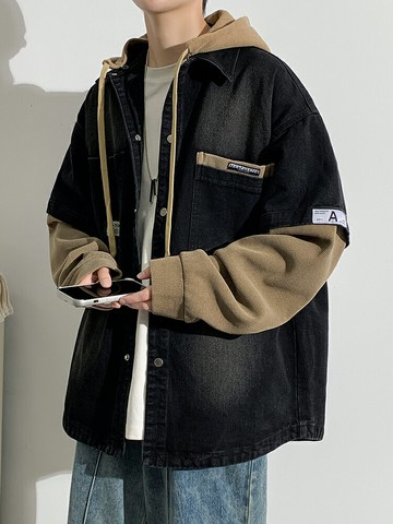 假兩件牛仔外套男秋冬款加絨加厚潮牌痞帥青少年初中高中學生夾克【雲木雜貨】