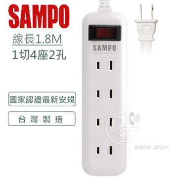 SAMPO 2孔4座1切轉接電源延長線組 1.8M EL-W14T6