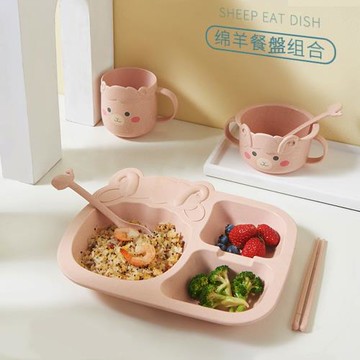 【百坊屋】1組 綿羊造型兒童餐盤六件組 小麥秸稈餐盤 吃飯餐盤 麥秸稈碗 杯子 餐盤 餐具
