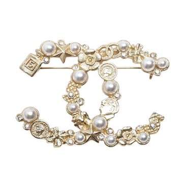CHANEL 經典雙C LOGO復古金屬珍珠經典標誌胸針(香檳金)