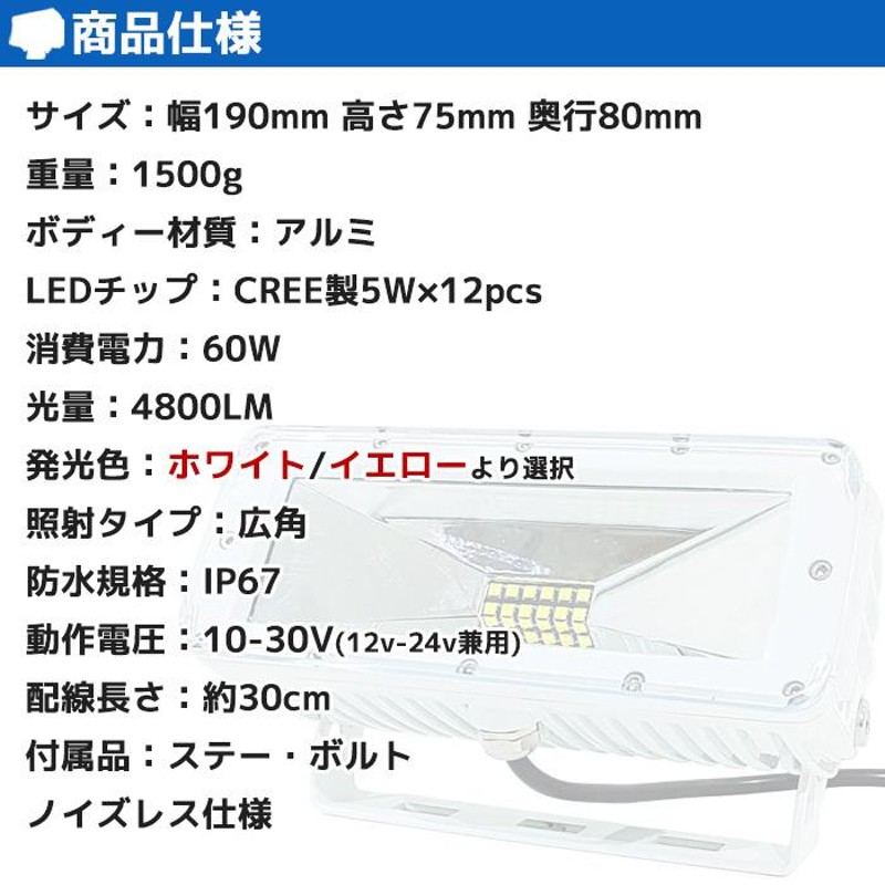 LED 作業灯 船舶 集魚灯 12v 24v 屋外 防水 投光器 作業照明 ホワイト イエロー ledライト ワークライト デッキライト イカ アジ  太刀魚 釣り 船舶用品 看板灯 | LINEショッピング