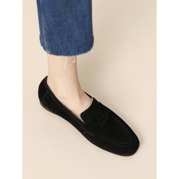 英倫風羊反絨面樂福鞋女款秋冬加絨保暖低跟單鞋一腳蹬女鞋毛毛鞋