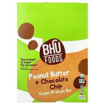 BHU Foods, 全素食蛋白棒，花生醬 + 巧克力碎，12 根，每根 1.6 盎司（45 克）