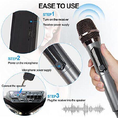 Wireless Microphone, UHF Dual Cordless Metal Dynamic Mic System with Rechargeable Receiver, for Karaoke, Church, Speech, Wedding, Party Singing,Class(