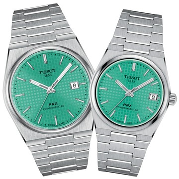 TISSOT天梭 PRX系列 復古機械對錶-薄荷綠 / T1374071109101+T1372071109101
