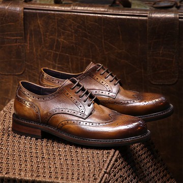 TRD英倫復古擦色布洛克皮鞋男圓頭真皮軟面皮雕花商務休閑皮鞋潮