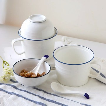 Just Home簡約藍邊陶瓷把手泡麵碗900ml-麵碗+飯碗+湯匙6件組