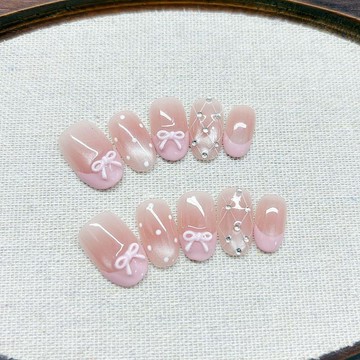 💗Yuki Nail💗【裸透甜夢】裸色腮紅立體蝴蝶結法式手工穿戴甲溫柔清透顯白美甲
