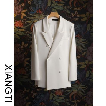 XT2025年新款西裝外套女春秋設計感小眾白色假兩件休閑韓版雙排扣