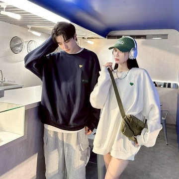 ATstyle愛心微笑刺繡大學T 情侶衣 大學T 長袖上衣 深藍/淺灰/麻白 81076