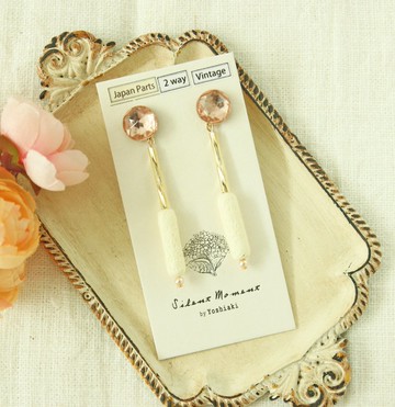 雕花象牙色長條串珠x淡粉紅流璃耳針2way耳夾OK